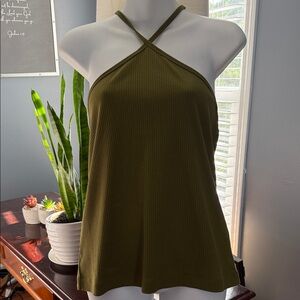 CAbi Olive Ribbed Halter Tank Top Avocado Green